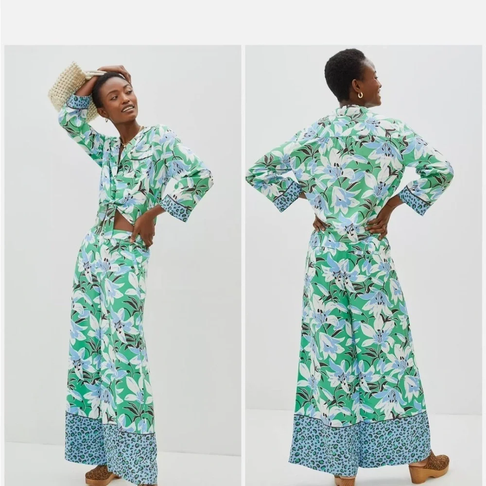 Anthropologie Maeve Matching Set Shirt Pants Floral Animal Print Green Blue